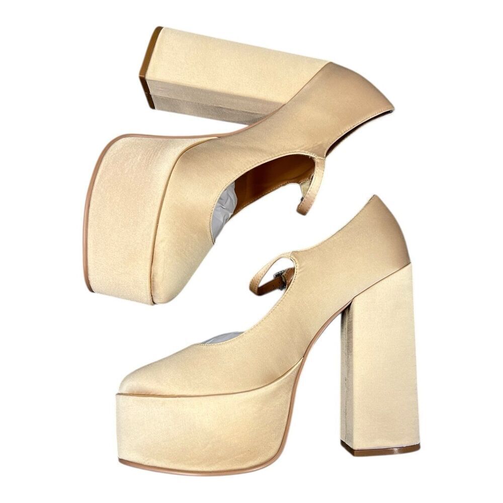 Lisa Vicky Champagne Beige Vault Platform Satin Mary Jane Pump 10